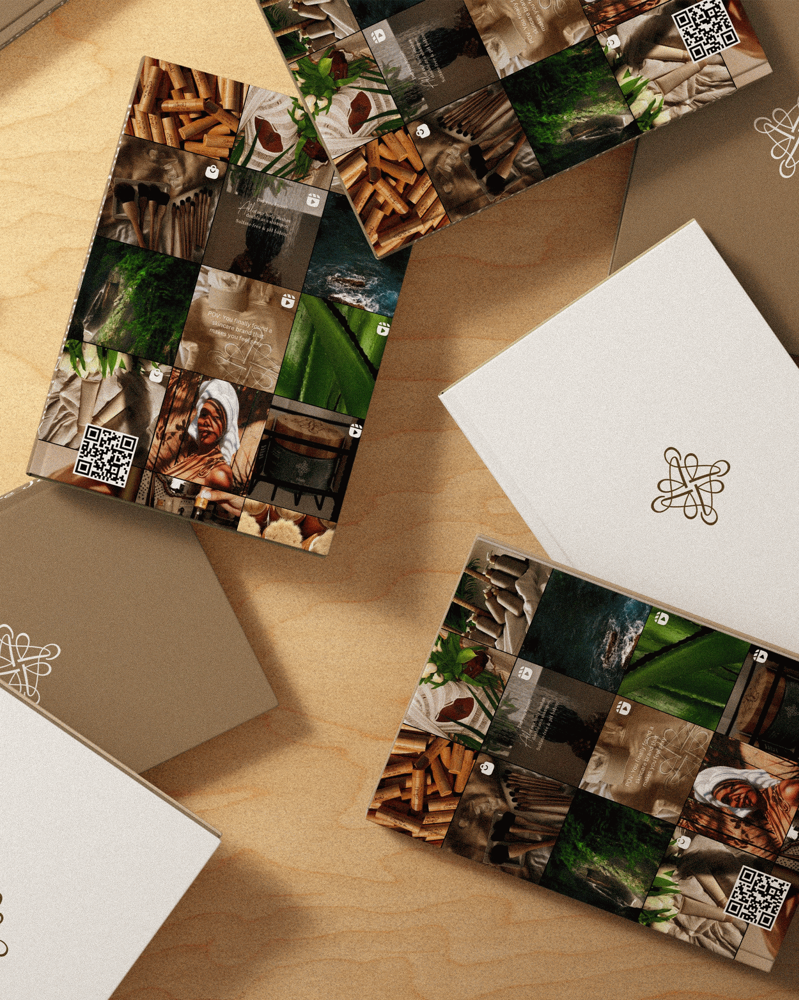 Anoki Natural Skincare Journal hardcover edition on wooden table with beige cover and multicolored image collage.