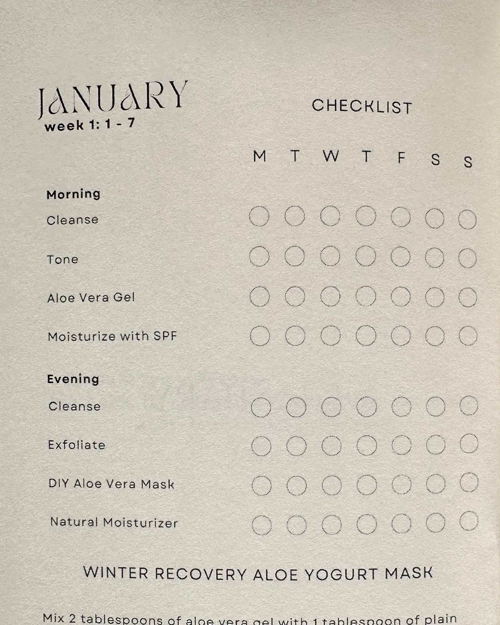 January skincare checklist page from Anoki Natural Skincare Journal.