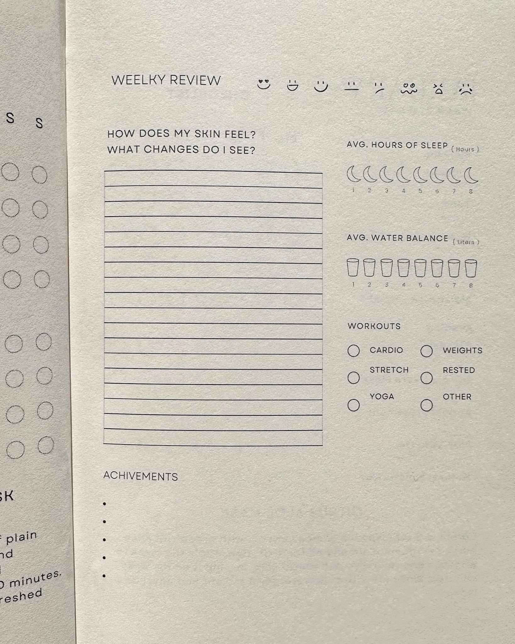 Anoki Natural Skincare Journal page with weekly review, water and sleep tracker, and workout options.