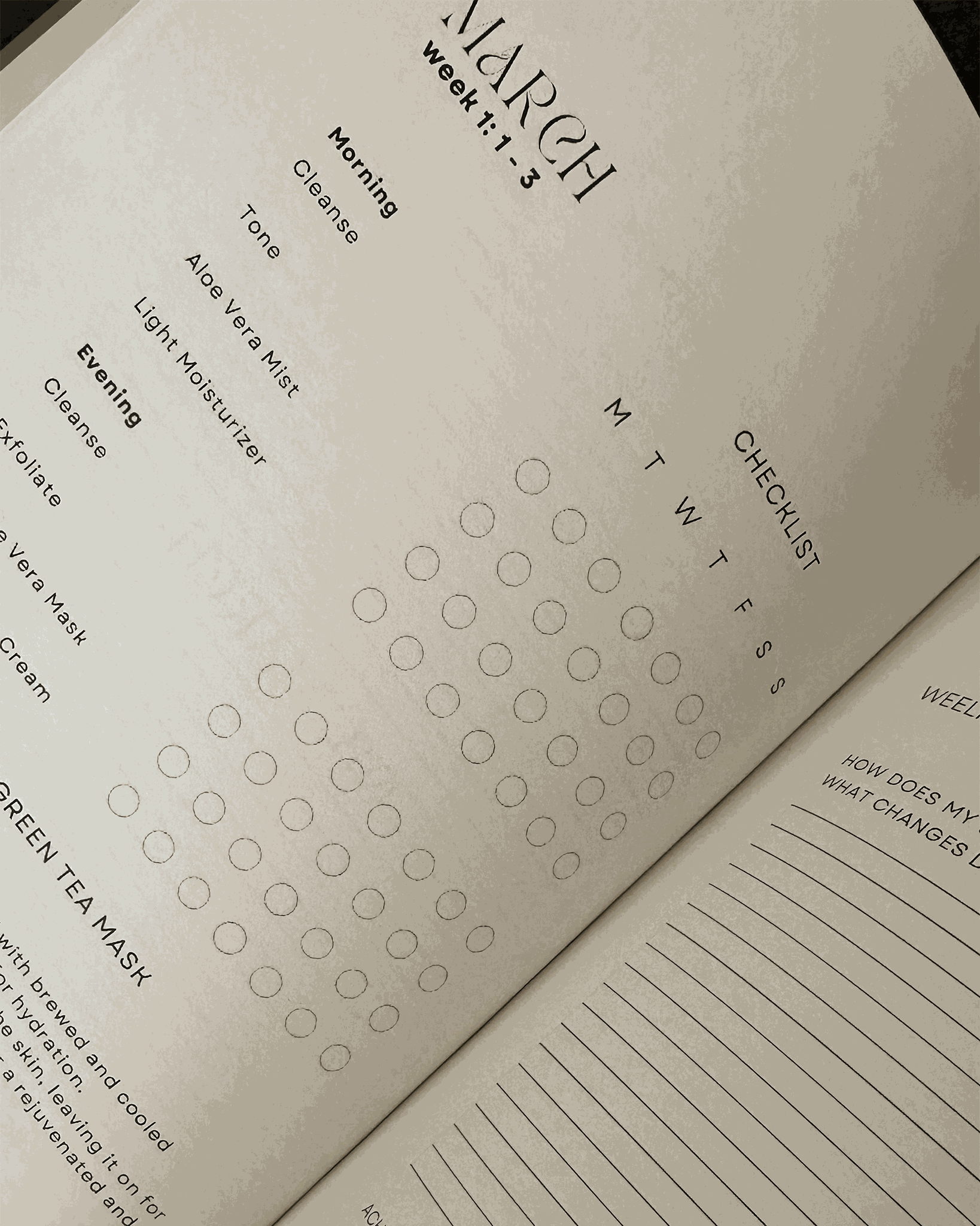 Anoki Natural Skincare Journal open to checklist page with detailed skincare routine steps.